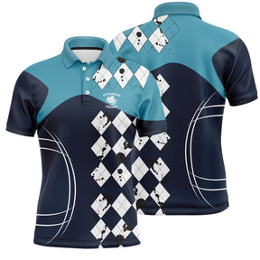 Polo pétanque homme bleu marine turquoise losanges blancs Performance manche prénom logo torse personnalisé