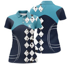 Polo pétanque femme bleu marine turquoise losanges blancs Performance manche prénom logo torse personnalisé