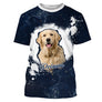 T-shirt Golden Retriever bleu marine unisexe, design photoréaliste personnalisable photo soyeux