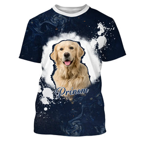 T-shirt Golden Retriever bleu marine unisexe, design photoréaliste personnalisable photo soyeux