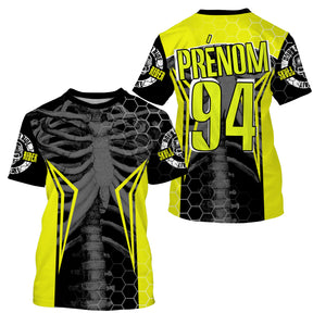 Maillot motocross jaune fluo noir avec cage thoracique squelette et motif hexagonal, prénom numéro 94 imprimés