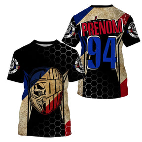 Maillot motocross France hexagonal noir bleu rouge avec crâne masqué et drapeau tricolore, prénom numéro 94