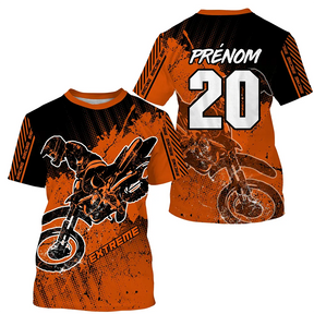 Maillot motocross orange Extreme avec motard MX en course et éclats dynamiques, prénom numéro 20 imprimés