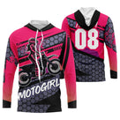 Maillot motocross rose noir Motogirl avec silhouette féminine en moto et hexagones, prénom numéro 08 imprimés