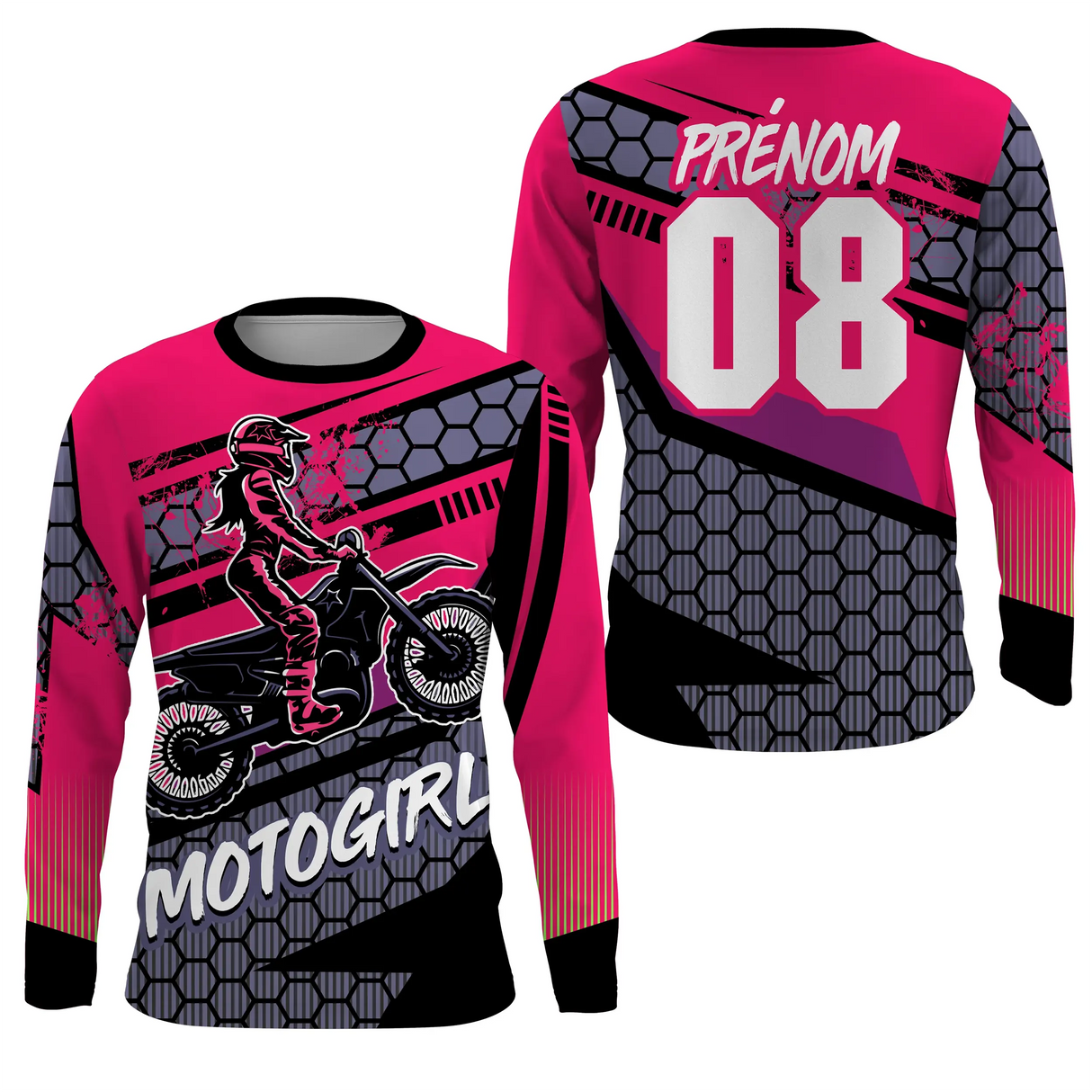 Anti-UV manches longues maillot motocross rose Motogirl, design dirt bike féminin personnalisé