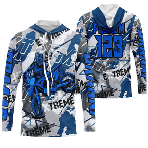 Maillot motocross bleu blanc avec motif camo géométrique et lettrage Xtreme, prénom et numéro 123 imprimés