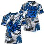 Anti-UV à capuche maillot motocross bleu blanc Xtreme, motif camo géométrique et numéro de course personnalisé