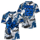 Anti-UV à capuche maillot motocross bleu blanc Xtreme, motif camo géométrique et numéro de course personnalisé