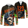 Maillot motocross vert anis orange noir avec tête de mort casquée et lettrage Downhill, prénom numéro 123 imprimés