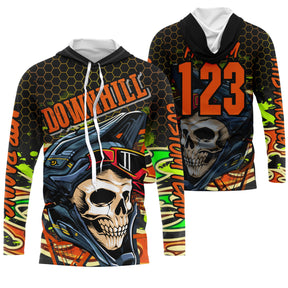 Maillot motocross vert anis orange noir avec tête de mort casquée et lettrage Downhill, prénom numéro 123 imprimés