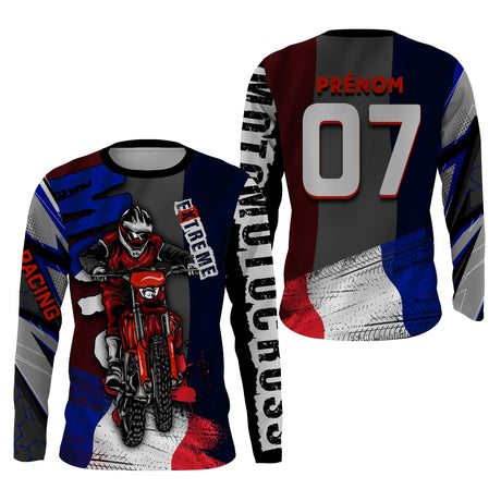 Anti-UV manches longues motocross France tricolore, tenue piste avec prénom et numéro pour pilote