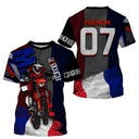 Maillot motocross France bleu marine avec motard MX et drapeau tricolore, prénom numéro 07 imprimés Motocross Extrême