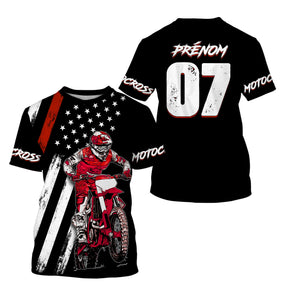 Maillot motocross MX Racing noir rouge avec motard en pleine course et drapeau USA, prénom numéro 07