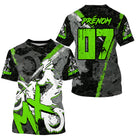 Maillot motocross MX noir vert lime avec lettrage MX rouge et silhouette motard tribale, prénom numéro 07