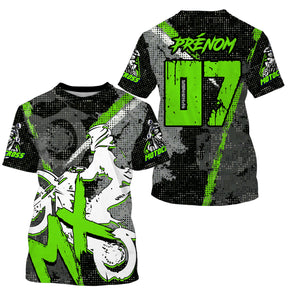 Maillot motocross MX noir vert lime avec lettrage MX rouge et silhouette motard tribale, prénom numéro 07