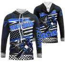 Anti-UV à capuche motocross extreme addiction bleu noir, design dirt bike personnalisé pour pilote