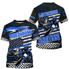 Maillot motocross extreme noir bleu avec motard et damier, lettrage Extreme Motocross Addiction et prénom numéro 07