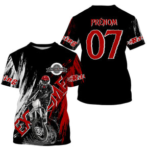 Maillot motocross extreme noir rouge avec motard et lettrage Extreme Motocross, prénom numéro 07 imprimés