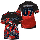 Maillot motocross rouge extreme noir avec motard en course et lettrage Extreme, prénom numéro 07 imprimés