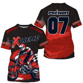Maillot motocross rouge extreme noir avec motard en course et lettrage Extreme, prénom numéro 07 imprimés