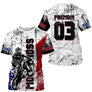 Maillot motocross France blanc bleu rouge avec motard et drapeau tricolore déchiré, prénom numéro 03 imprimés