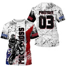 Maillot motocross France blanc bleu rouge avec motard et drapeau tricolore déchiré, prénom numéro 03 imprimés