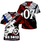 Maillot motocross France rouge On Road avec motard et drapeau tricolore, prénom numéro 07 imprimés