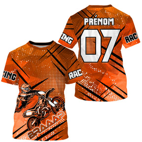 Maillot motocross orange Braaap Racing avec motard MX en course et lettrage Racing, prénom numéro 07