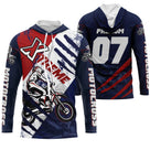 Anti-UV à capuche motocross bleu marine rouge Xtreme, design dirt bike personnalisé compétiteur