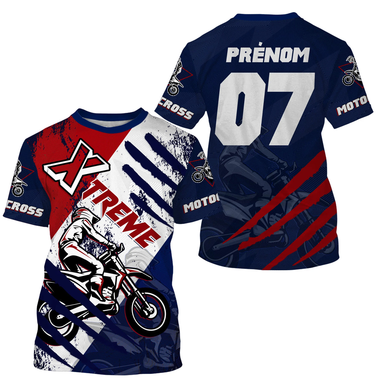 Maillot motocross bleu marine Xtreme avec motard MX et drapeau tricolore, prénom numéro 07 imprimés