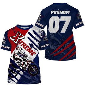 Maillot motocross bleu marine Xtreme avec motard MX et drapeau tricolore, prénom numéro 07 imprimés