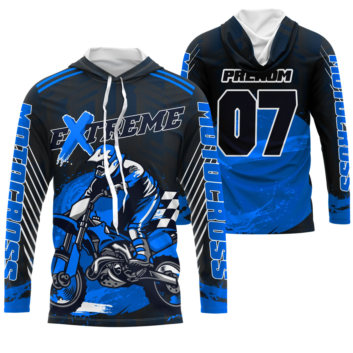 Anti-UV à capuche motocross bleu noir, design dirt bike personnalisé pour compétiteur
