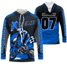 Anti-UV à capuche motocross bleu noir, design dirt bike personnalisé pour compétiteur