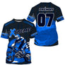 Maillot motocross bleu vif Extreme avec motard MX en course et éclats dynamiques, prénom numéro 07