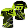 Maillot motocross noir vert fluo avec lettrage MX Racing et traces de pneu, prénom numéro 07 imprimés