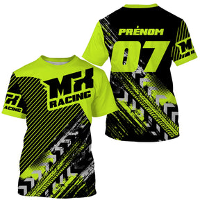 Maillot motocross noir vert fluo avec lettrage MX Racing et traces de pneu, prénom numéro 07 imprimés