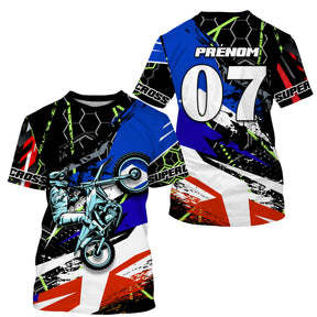 Maillot motocross bleu rouge Cross Super avec motard et lettrage hexagonal, prénom numéro 07 imprimés