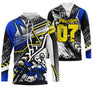 Sweat motocross bleu jaune Extreme avec motard MX et lettrage Extreme, prénom numéro 07 imprimés
