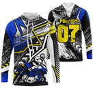 Sweat motocross bleu jaune Extreme avec motard MX et lettrage Extreme, prénom numéro 07 imprimés