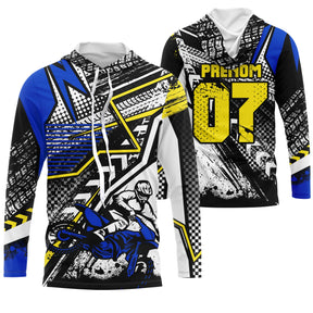Sweat motocross bleu jaune Extreme avec motard MX et lettrage Extreme, prénom numéro 07 imprimés