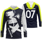 Sweat motocross bleu marine vert lime avec motard MX et lettrage Racing, prénom numéro 07 imprimés