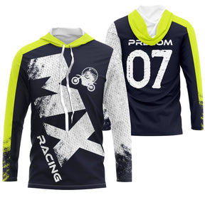 Sweat motocross bleu marine vert lime avec motard MX et lettrage Racing, prénom numéro 07 imprimés