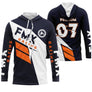 Sweat motocross FMX Racing bleu marine orange avec écusson et lettrage Racing, prénom numéro 07 imprimés