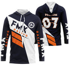 Sweat motocross FMX Racing bleu marine orange avec écusson et lettrage Racing, prénom numéro 07 imprimés