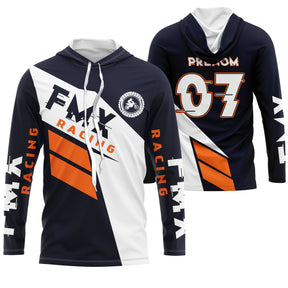 Sweat motocross FMX Racing bleu marine orange avec écusson et lettrage Racing, prénom numéro 07 imprimés