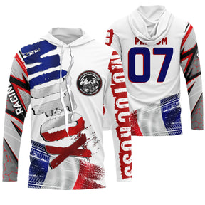 Maillot motocross blanc bleu rouge France tricolore avec drapeau et lettrage Racing, prénom et numéro 07 imprimés