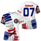 Anti-UV à capuche maillot motocross bleu blanc rouge, lettrage Motocross France et numéro de course personnalisé