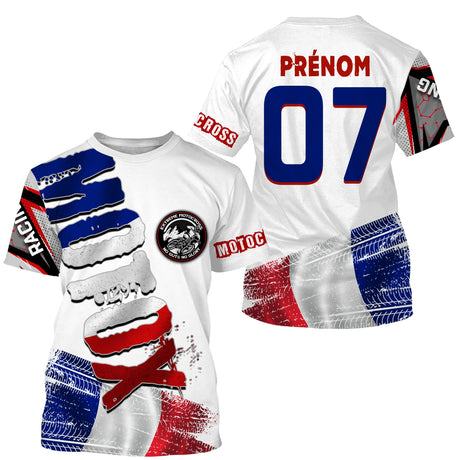 Anti-UV à capuche maillot motocross bleu blanc rouge, lettrage Motocross France et numéro de course personnalisé