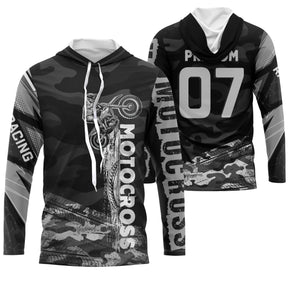 Maillot motocross camouflage noir gris avec silhouette pilote moto et lettrage Racing, prénom numéro 07 imprimés