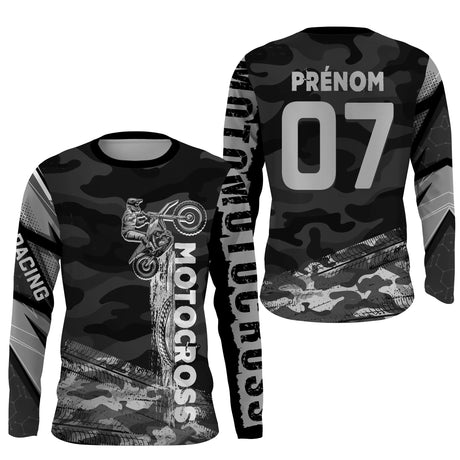 Maillot Cross Personnalisé Protection UV, Cadeau Original Pilote MX France, Camo Noir - CT21122210 - Anti-UV T-shirt manches longues